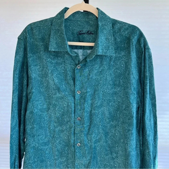 Tasso Elba Classic Paisley Linen Shirt Teal Blue XL Spring Vacation Coastal - Picture 2 of 4